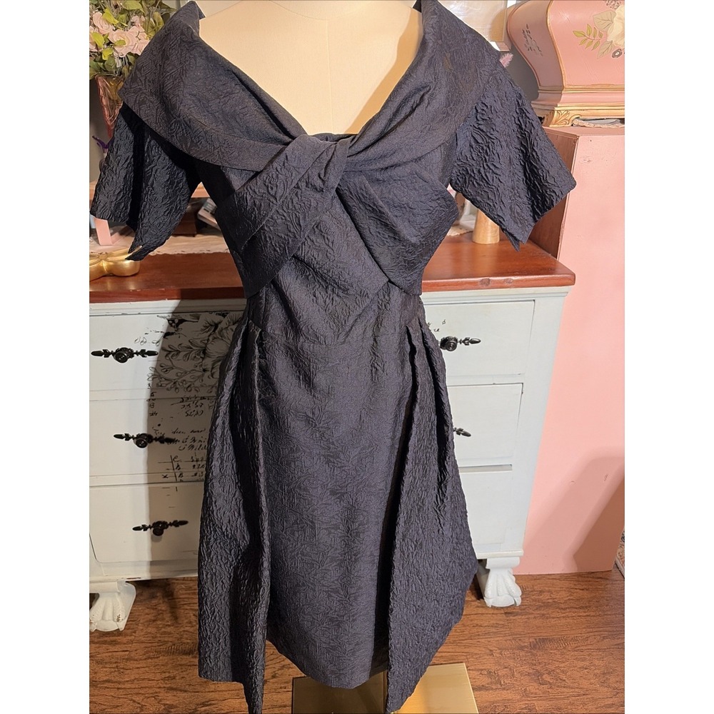 Rickie Freeman Teri Jon Shawl Collar Tafetta Mid Sleeve Dress Gown size 10. Navy